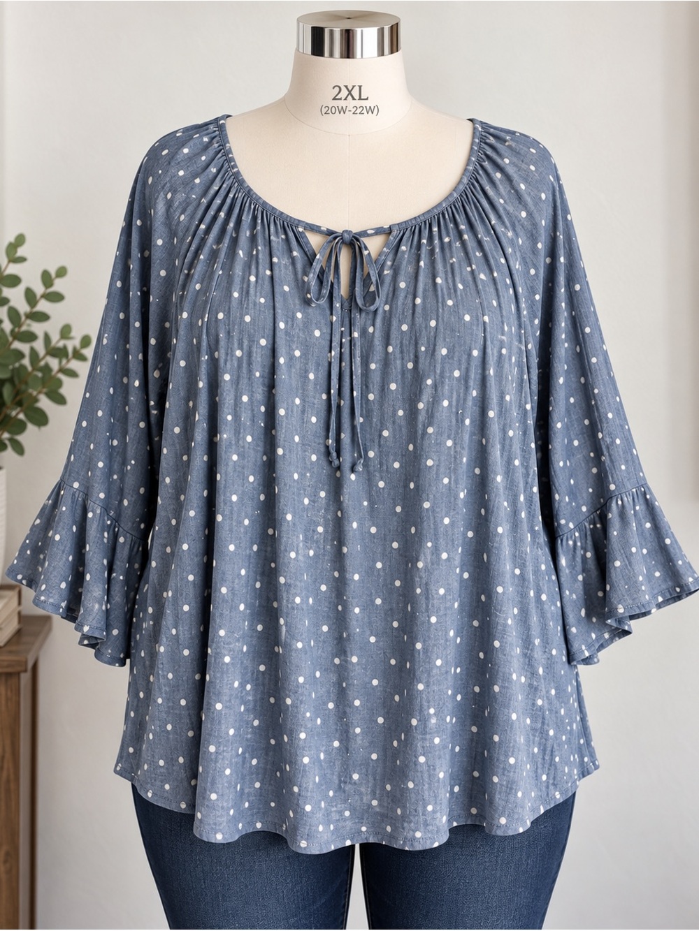 Fred David 3X Blue Polka Dot Bell Sleeve Tie Neck Tunic Blouse